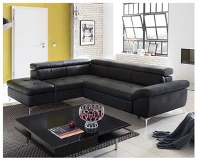 Fekete, balos, bőrkárpitos, L-alakú SALERNO II sarokkanapé, ággyá nyitható