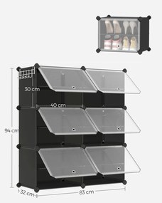 Cipőtároló doboz 6 rekeszes tárolódoboz, fekete 82x32x92cm