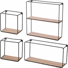 4 darabos fali polc szett, fém-fa, fekete