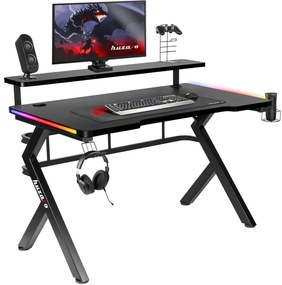 Gamer asztal számítógépasztal monitor állvánnyal, 120 x 60 x 69,5 cm, alumínium / HDF, 5.0 RGB LED Fekete