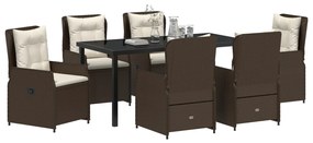7 darabos kerti étkező garnitúra barna polirattan, kerti asztal fekete 160x80x73 cm edzett üveggel