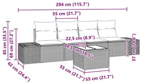 5 darabos kerti kanapé szett párnákkal fekete poli rattán