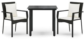 vidaXL 3 részes fekete polyrattan kerti étkezőgarnitúra párnákkal