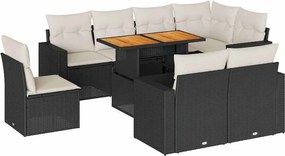 vidaXL 9 részes fekete polyrattan kerti ülőgarnitúra párnákkal