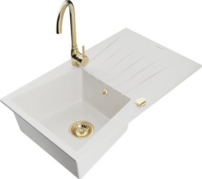 Mexen Cesar egymedencés gránit mosogató csepegtetővel és Telma konyhai csapteleppel, fehér - 6514-20-670200-50