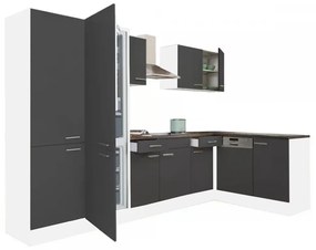Yorki 340 sarok konyhabútor fehér korpusz,selyemfényű antracit fronttal polcos szekrénnyel és alulfagyasztós hűtős szekrénnyel