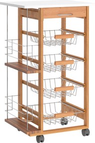HOMCOM Konyhai Kocsi Kerekekkel, Többcélú Kocsi Fiókkal, 4 Leszedhető Fém Kosárral és Oldalsó Polcokkal 47x37x83 cm Természetes Fából | Aosom