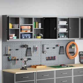 4 darabos szerszámos szekrény és pegboard készlet, falra szerelhető, fekete fém