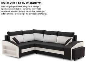 Grande sarokkanapé polcokkal és puffokkal , polc a bal karfaban puffok a jobb karfaban, baloldali, szövet anyag, bonell töltet, fekete - fehér