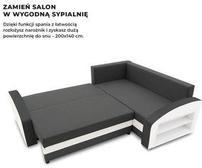 Grande sarokkanapé polcokkal , polc a jobb karfaban, jobboldali, szövet anyag, bonell töltet, szürke - fehér