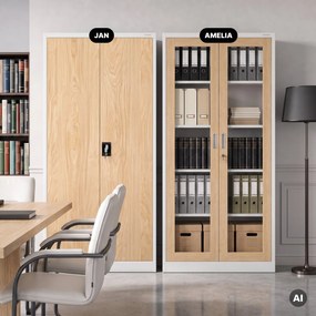 Fém szekrény vitrinnel, fehér, sonoma tölgy, 900x1850x400 mm: AMELIA Eco Design