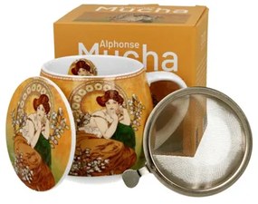 Porcelánbögre tetővel,fémszűrővel 430ml,dobozban, Mucha:Topáz