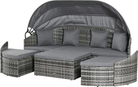 Outsunny Rattan Napozóágy 4-Darabos Napernyővel és Ülőgarnitúrával, 4 Párnával, Szürke Fém 230 x 145 x 80 cm | Aosom