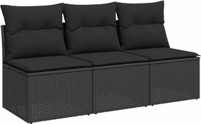 vidaXL 3 személyes fekete polyrattan kerti kanapé párnákkal