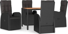 vidaXL 5 részes fekete polyrattan kerti étkezőgarnitúra párnákkal