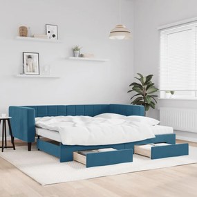 kék kihúzható bársony heverő fiókkal 100 x 200 cm