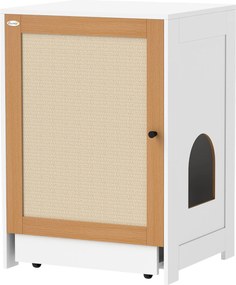 PawHut Macska WC Szekrény Húzható Tálcás Külön rekeszekkel, Kerekekkel és Kaparó Szőnyeggel - Belső Macska WC 57x50x80.5 cm Fehér és Tölgy | Aosom