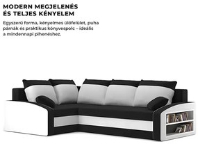 Grande sarokkanapé polcokkal , polc a jobb karfaban, baloldali, szövet anyag, hab töltet, fekete - fehér