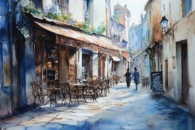 Vászonkép Canvas Párizsi Utca Kávézó Akvarell Tájkép 120x80