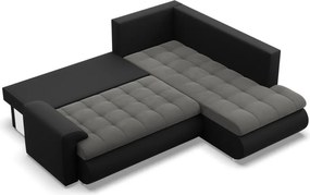 Tokio sarokkanapé, L alakú háttámlával, 2 ágyneműtartóval, bársony + műbőr, jobboldali, szürke - fekete