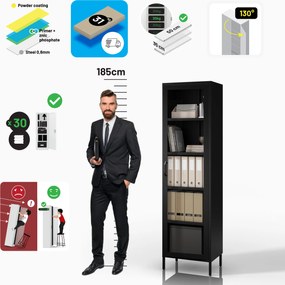 Fekete üveg vitrin nappaliba, fém lábakon LUIGI Modern 500 x 1800 x 350 mm