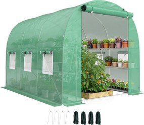 Outsunny alagút üvegház 198×275×191 cm, polcokkal — felhajtható ajtó, 6 szellőzőablak, UV-álló PE-borítás, horganyzott acélváz, vízálló, zöld | Aosom