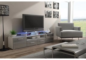 TV asztal + szekrény Blaise (fehér + fényes szürke) (fehér LED világítás). 1058809