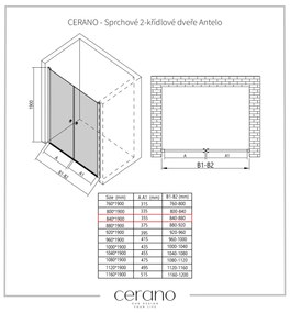 CERANO - Antelo L/P 2-szárnyú zuhanyajtó - matt fekete, átlátszó üveg - 84x190 cm