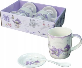 2 db-os porcelán bögre szett ajándék 340 ml Livello csészealj kanál levendula