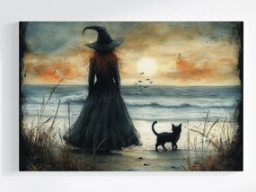 Vászonkép Canvas Boszorkány Macska Naplemente Rejtély Tengerpart 60x40