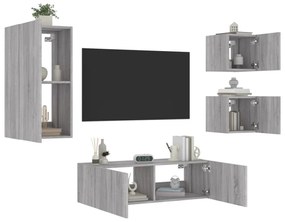 4darab szürke sonoma színű falra szerelhető TV-szekrény LED-del