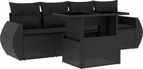 vidaXL 5 részes fekete polyrattan kerti kanapészett párnákkal