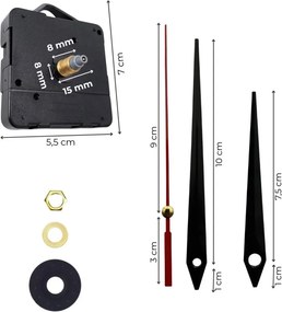 Fekete hegyes alumínium óramutatók piros másodpercmutatóval 11 / 8,5 cm