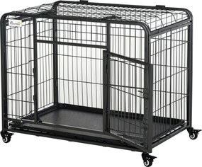 PawHut Összecsukható Kutya Ketrec Szállító Ketrec Kerekeken 2 Zárható Ajtóval és Kivehető Tálcával 94L x 58W x 69.5H cm Fém Szürke Fekete | Aosom