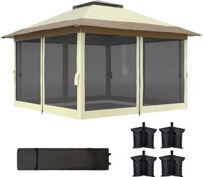 Outsunny Összecsukható Pavilon 3.6x3.6m Gyorsan Felállítható Napernyő 4 Hálós Oldalfallal UV Védelem Állítható Magasságú Homokzsákokkal és Hordozótásk