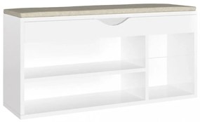 magasfényű fehér szerelt fa cipőtároló pad párnával 104x30x49cm
