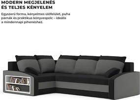 Grande sarokkanapé polcokkal , polc a bal karfaban, baloldali, szövet anyag, hab töltet, fekete - szürke