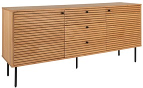 Kyoto komód 3 fiókkal, 2 ajtóval, tölgyfa furnér, natúr, fekete fém lábakkal, 150x40x74 cm