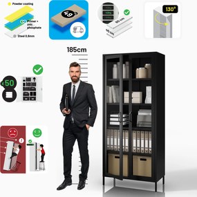 ANGELO üveges vitrin nappaliba – fekete fém, 800 x 1850 x 450 mm