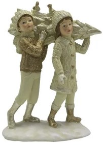 Gyerekek fenyővel, 12x6x15cm, műanyag dekorfigura