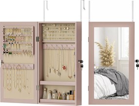 HOMCOM Fali Ékszertartó Tükörszekrény Zárral és Több Rekesszel, Falra vagy Ajtóra Akasztható, Fülbevalók, Nyakláncok, Gyűrűk, Karkötők Számára Rózsasz