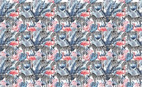 Fotótapéta Zebra Flamingók Trópusi levelek Rózsa Zöld Fekete 254x184 +ragasztó