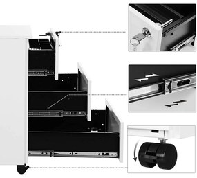 Mobil iratszekrény, zárható irodai szekrény 3 fiókkal, fehér