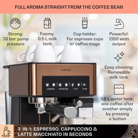 Klarstein Arabica Comfort, kávégép portaszűrővel, 1350 W, 20 bar, 1,8 l, érintőképernyő