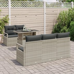 6 részes kerti kanapé szett párnákkal, világosszürke poli rattan, 2 személyes kerti kanapé tárolóval és párnákkal, szürke poli rattan