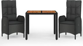 vidaXL 3 részes fekete polyrattan kerti étkezőgarnitúra párnákkal