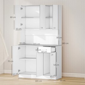 HOMCOM Modern konyhai büfé szekrény, több tároló 6 ajtóval, 1 fiókkal + nagy munkafelület, méret: 101L x 39Sz x 180Ma cm fehér és szürke színben | Aos