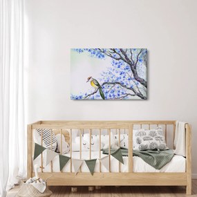 Kép - Madár egy fán kék virágokkal (90x60 cm)