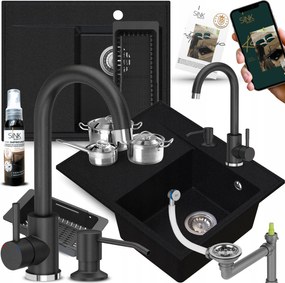 Gránit mosogató Adagolóval+csaptelep fekete pöttyös Jobbos Rekesz