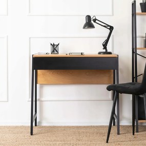 Fiókos íróasztal / számítógépasztal 83×48 cm, masszív fém vázzal, fekete–aranytölgy – Intenso Home